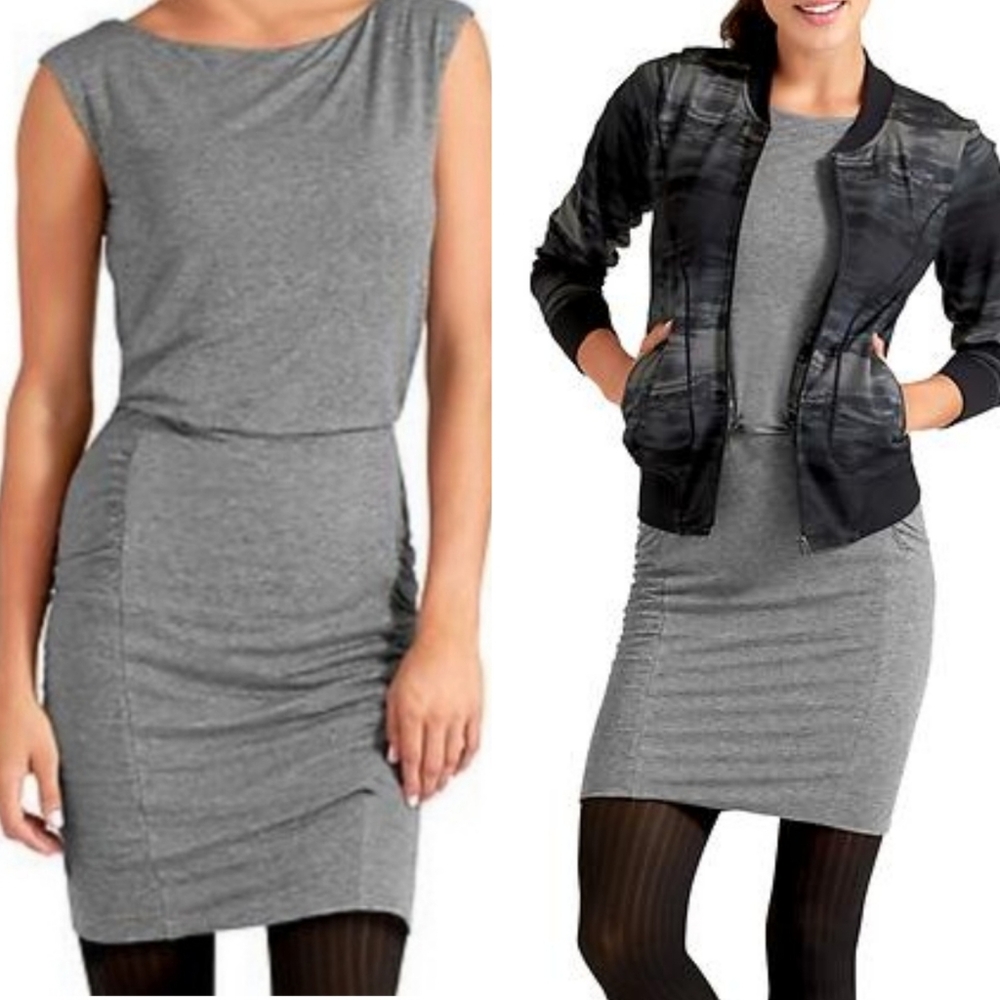 Athleta Westwood Boatneck Heathered Grey Ruched Wool Blend Dress XXS